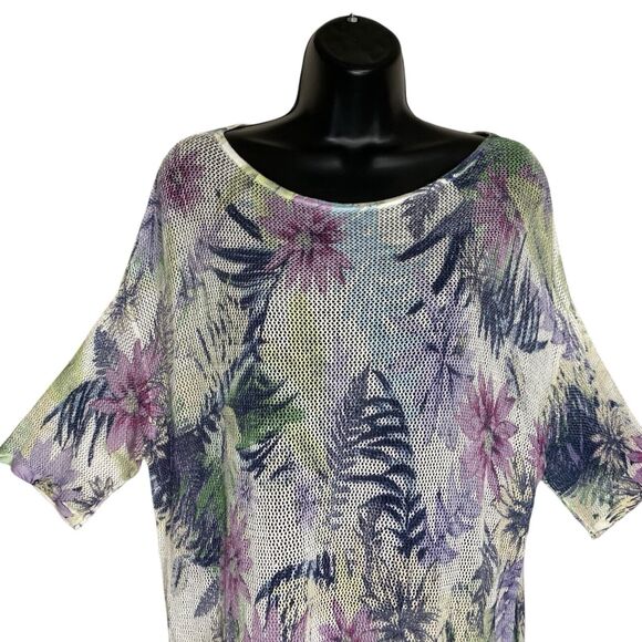 J Jill Sweater Womens M Linen Blend Open Knit Mesh Beachy Floral Feminine Net - Picture 5 of 12